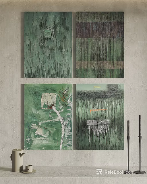 Four Green Abstract Paintings Hanging On Wall With Textured Art Elements 3d model