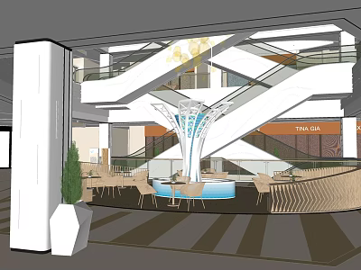 Elegant Modern Lobby Interior Featuring Spiral Staircase Central Fountain With Tables Chairs And Seating Area 3d model