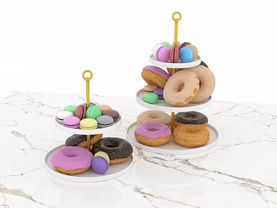 Two Tiered Dessert Stands With Colorful Donuts And Macarons On Marble Countertop 3d model
