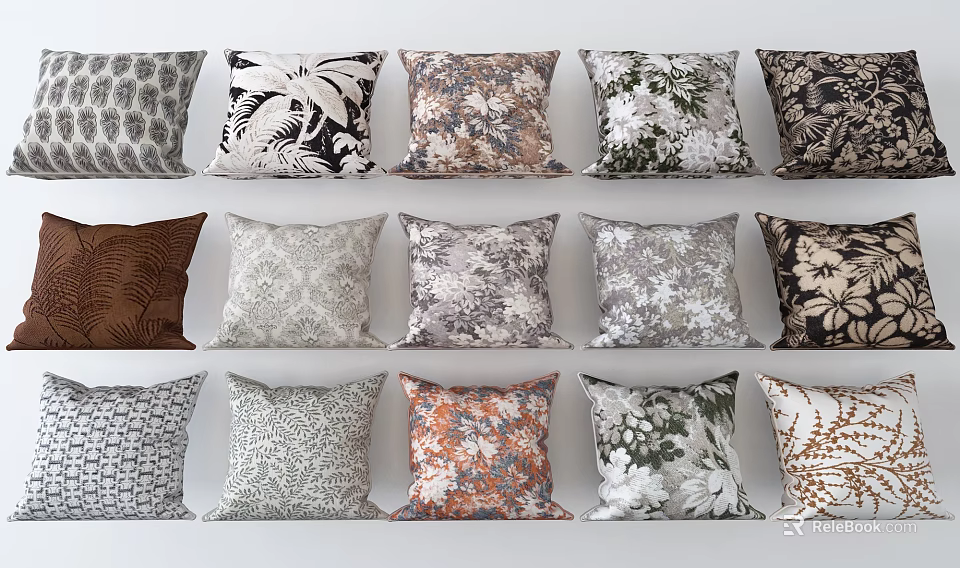 Decorative Throw Pillows Featuring Various Floral Geometric And Leaf Patterns 3d model