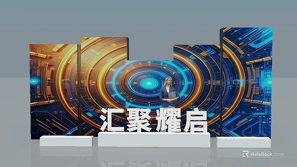 Tech Exhibition Stage With Circular Digital Display And Female Speaker Gathering Theme 3d model 