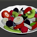 Fresh Mixed Fruits in White Bowl with Strawberries Blackberries Raspberries Kiwi and Green Leaves