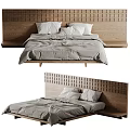 Modern Double Bed With Wooden Lattice Headboard Grey Bedspread And White Pillows