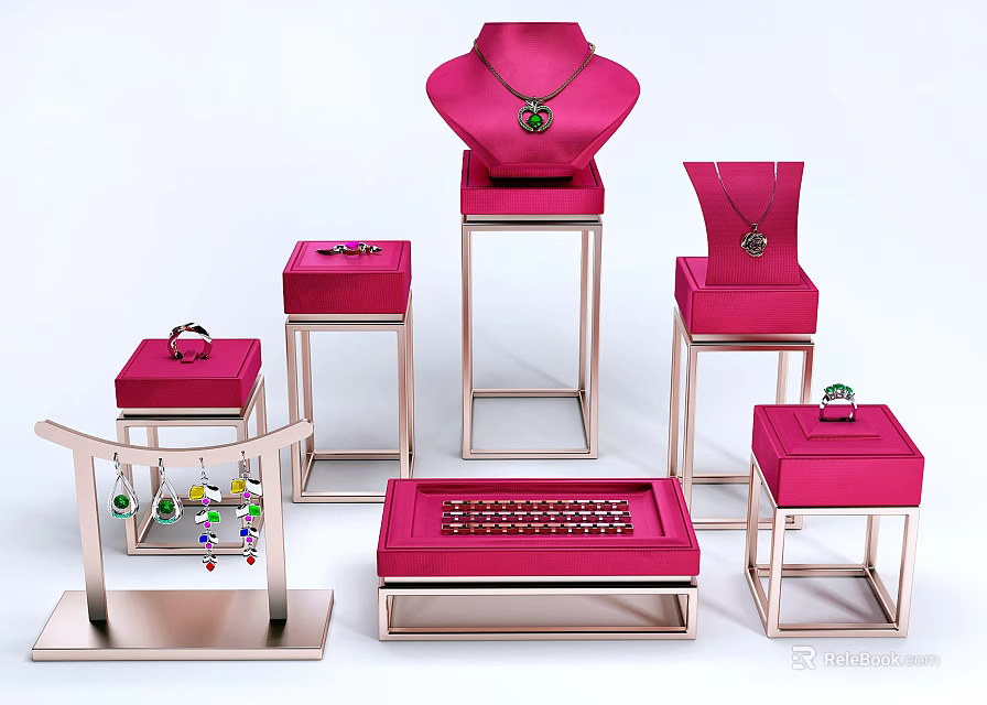 Elegant Jewelry Display Featuring Necklaces Rings Earrings On Pink Boxes And Stands 3d model 