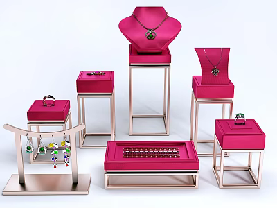 Elegant Jewelry Display Featuring Necklaces Rings Earrings On Pink Boxes And Stands 3d model