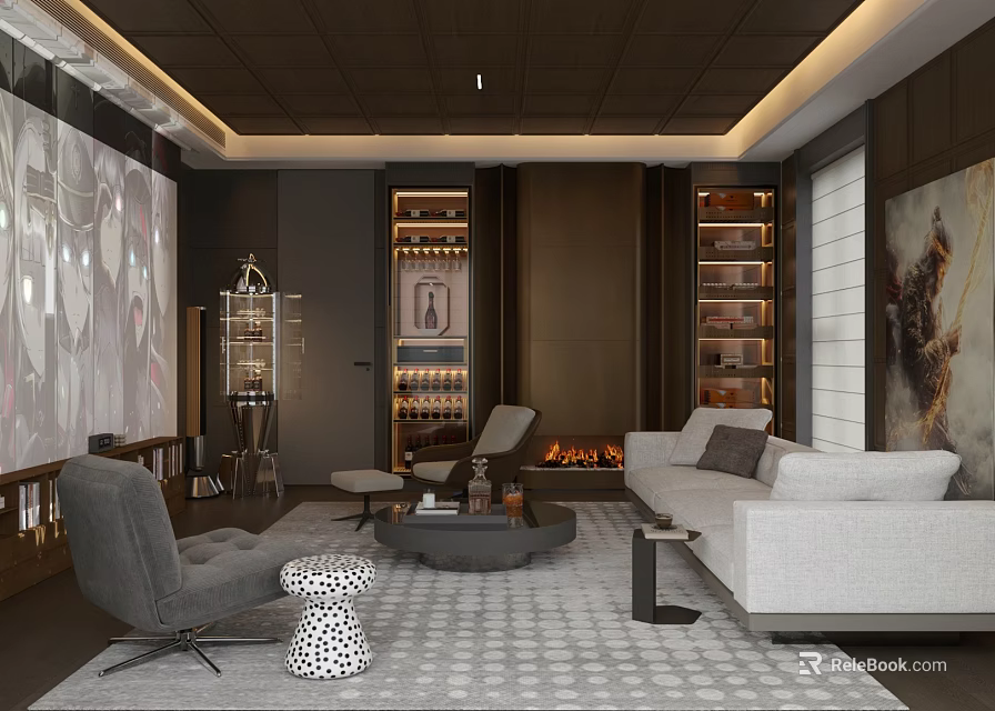 Elegant Modern Wine Cellar Interior With Wooden Racks Sofa And Fireplace 3d model 