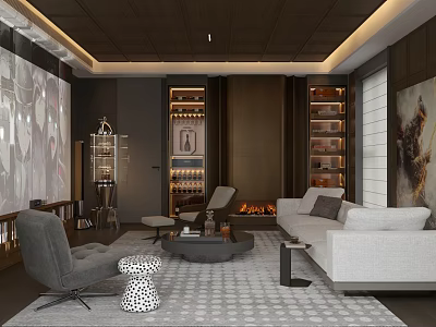 Elegant Modern Wine Cellar Interior With Wooden Racks Sofa And Fireplace 3d model
