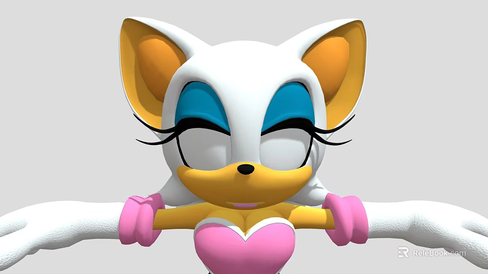 White Fur Cat Game Character With Yellow Ears Blue Eyes Pink Gloves And Heart 3d model 