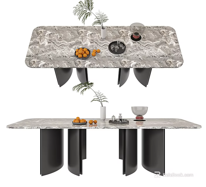 Elegant Modern Dining Table With Marble Countertop Black Legs Oranges Plants Bowl And Vase 3d model 