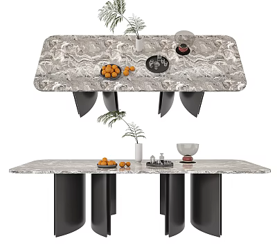 Elegant Modern Dining Table With Marble Countertop Black Legs Oranges Plants Bowl And Vase 3d model