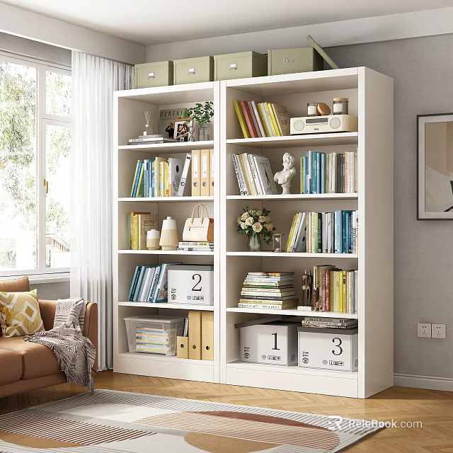 Bright Living Room Interior Features White Bookcase With Shelves Books Decorative Items And Numbered Boxes 3d model 