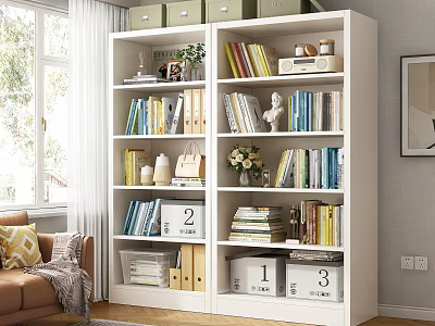 Bright Living Room Interior Features White Bookcase With Shelves Books Decorative Items And Numbered Boxes 3d model