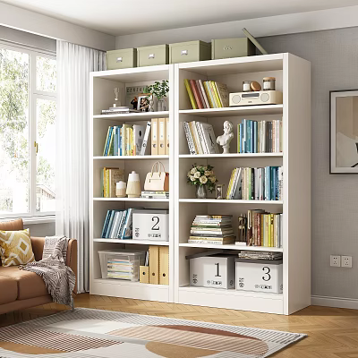 Bright Living Room Interior Features White Bookcase With Shelves Books Decorative Items And Numbered Boxes 3d model