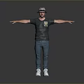 Man Wearing Hat Dark T-shirt Jeans White Sneakers With Arms Outstretched Standing Against Gray Background
