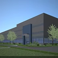 Modern Industrial Warehouse Exterior With Metal Facade Glass Windows And Landscaped Greenery
