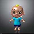 Cute Cartoon Baby with Yellow Hair Blue Shirt Shorts Smiling Face Barefoot Standing