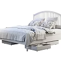 White Double Bed With Curved Headboard Gray Bedspread Patterned Pillows And Underbed Drawers 3d model
