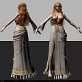 Women In White Dresses With Golden Decorations Long Red Hair And Flower Crowns