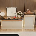 Elegant Modern Decorative Cabinet With Glass Top White Drawers And Fresh Flowers Photo Frame Lamp