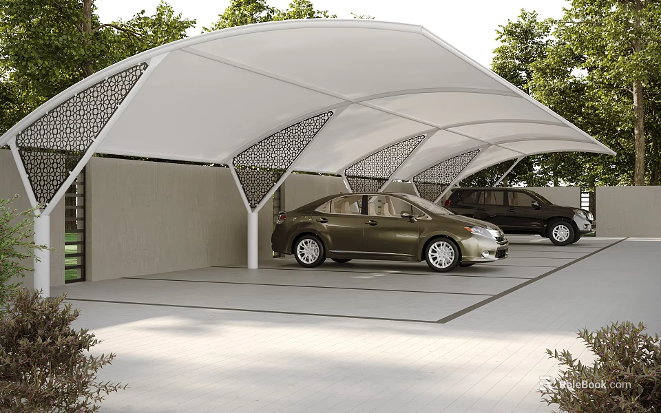 Modern White Carport Canopy Covering Parked Cars with Surrounding Green Trees 3d model 