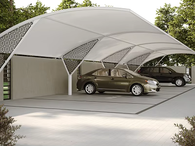 Modern White Carport Canopy Covering Parked Cars with Surrounding Green Trees 3d model