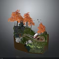 Miniature Landscape Model Featuring Orange Trees House Bridge And Water With Lotus Leaves