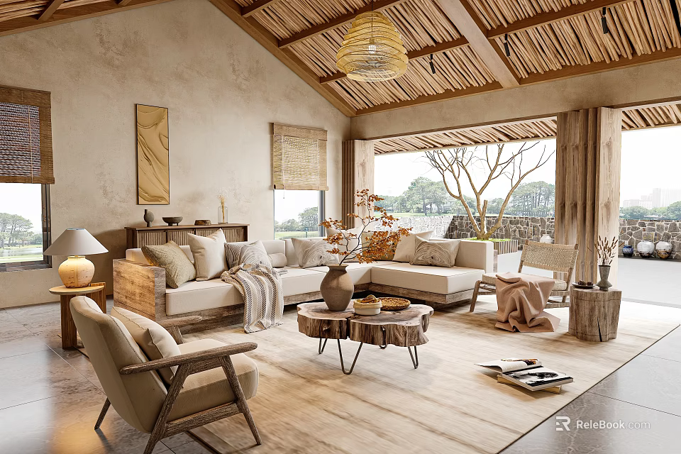 Rustic Living Room With Slatted Wooden Ceiling Rattan Pendant Light Sofa And Cozy Armchair 3d model 