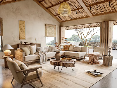 Rustic Living Room With Slatted Wooden Ceiling Rattan Pendant Light Sofa And Cozy Armchair 3d model