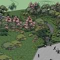 Serene Park Landscape With Brick Paved Square People Walking Green Grass And Colorful Trees