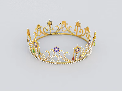 Ornate Gold Crown Adorned With Colored Gemstones And Pearl Details For Jewelry 3d model