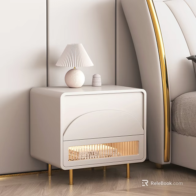 Modern White Bedside Table With Glass Drawer Gold Legs And Built In Lighting 3d model 