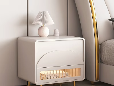 Modern White Bedside Table With Glass Drawer Gold Legs And Built In Lighting 3d model