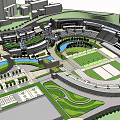 Modern Urban Plaza Design With Curved Water Feature Green Lawns Neatly Arranged Trees And Buildings