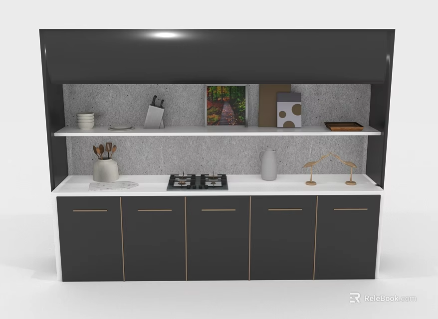 Modern Kitchen Furniture Featuring Dark Cabinets White Countertop Upper Shelves With Bowls And Decorative Items 3d model 