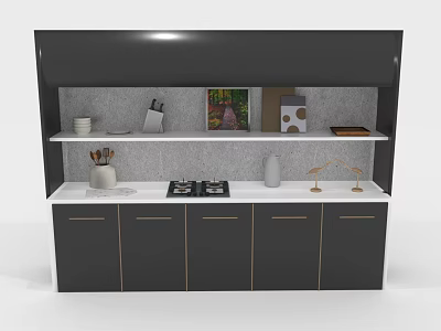 Modern Kitchen Furniture Featuring Dark Cabinets White Countertop Upper Shelves With Bowls And Decorative Items 3d model