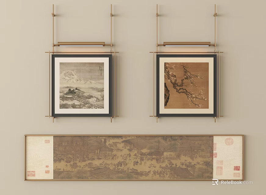 Hanging Wall Art With Square Landscape Boat Paintings And Long Scroll Scene With Red Seals 3d model 