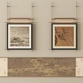 Hanging Wall Art With Square Landscape Boat Paintings And Long Scroll Scene With Red Seals