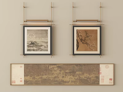Hanging Wall Art With Square Landscape Boat Paintings And Long Scroll Scene With Red Seals 3d model