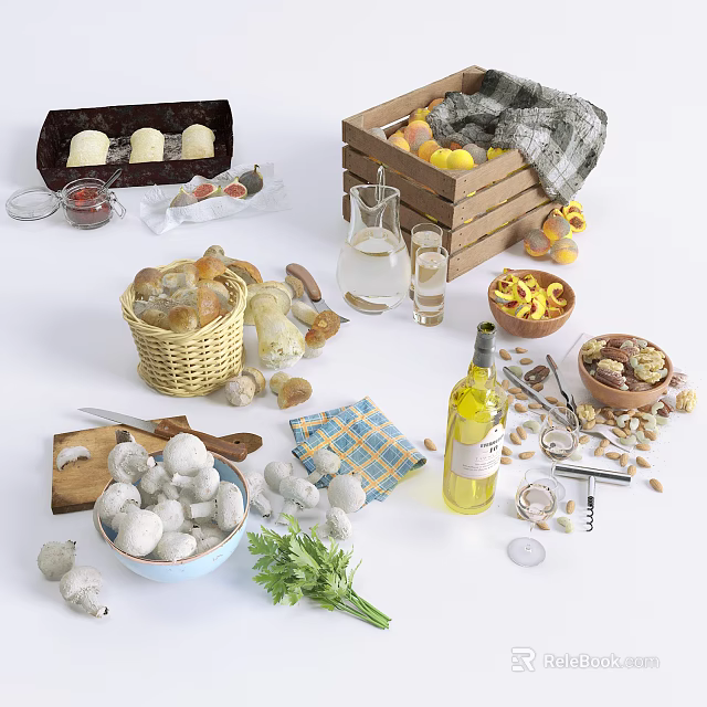 Fresh Homemade Bread Rolls Eggs And Apricots With Olive Oil Nuts And Herbs 3d model 
