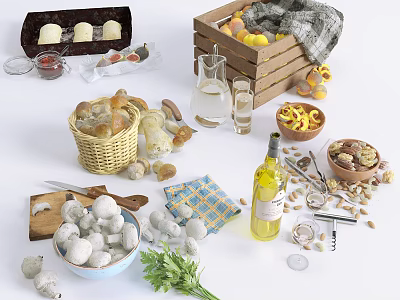 Fresh Homemade Bread Rolls Eggs And Apricots With Olive Oil Nuts And Herbs 3d model