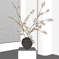 Ceramic Vase With Pink Blossom Branches By Window With White Blinds