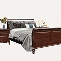 Traditional Wooden Double Bed with Nightstand Lamp Vase Gray Bedding and Pillows