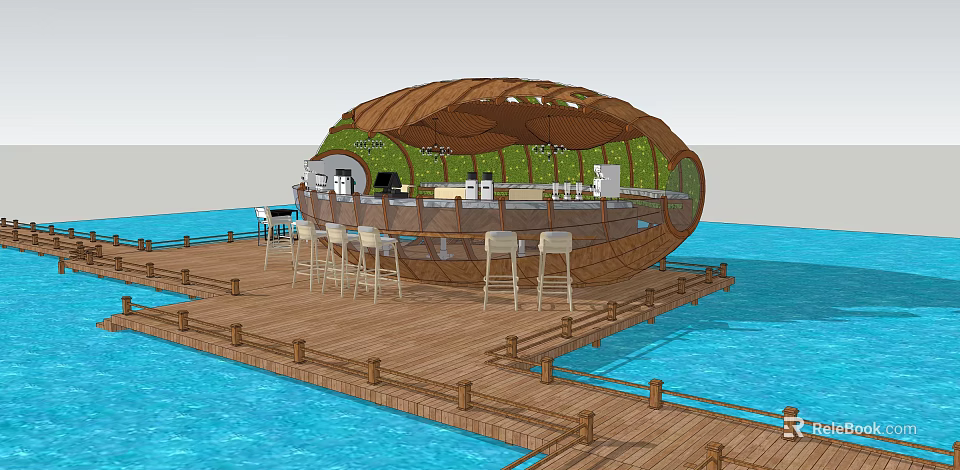 Shell Shaped Waterfront Café With Wooden Deck Bar Counter And Bar Stools 3d model 