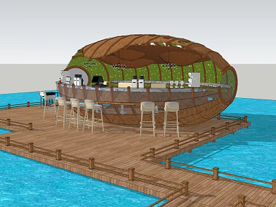 Shell Shaped Waterfront Café With Wooden Deck Bar Counter And Bar Stools 3d model