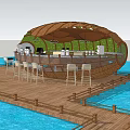 Shell Shaped Waterfront Café With Wooden Deck Bar Counter And Bar Stools