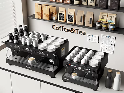 Modern Kitchen Appliances With Coffee Machines Cups Coffee Bean Bags And Tea Items On Counter 3d model