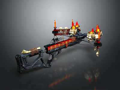 Ornate Mechanical Crossbow With Flaming Skull Ornaments Bone Accents And Red Details 3d model
