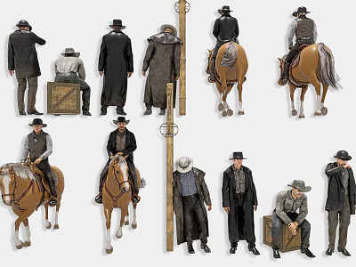 Western Style Men In Various Poses Riding Horses Standing And Sitting 3d model