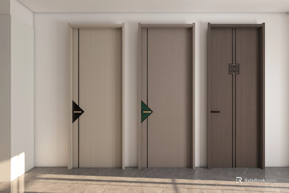 Modern Interior Swing Doors In Various Colors With Decorative Patterns And Handles 3d model