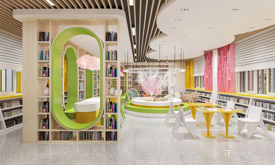Vibrant Book Art Space With Modern Design Colorful Bookshelves Reading Area And Chairs 3d model 